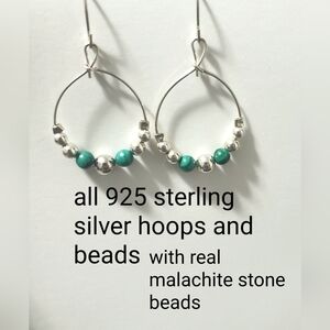 Sterling Silver and Malachite Hoop Earrings HANDMADE NEW